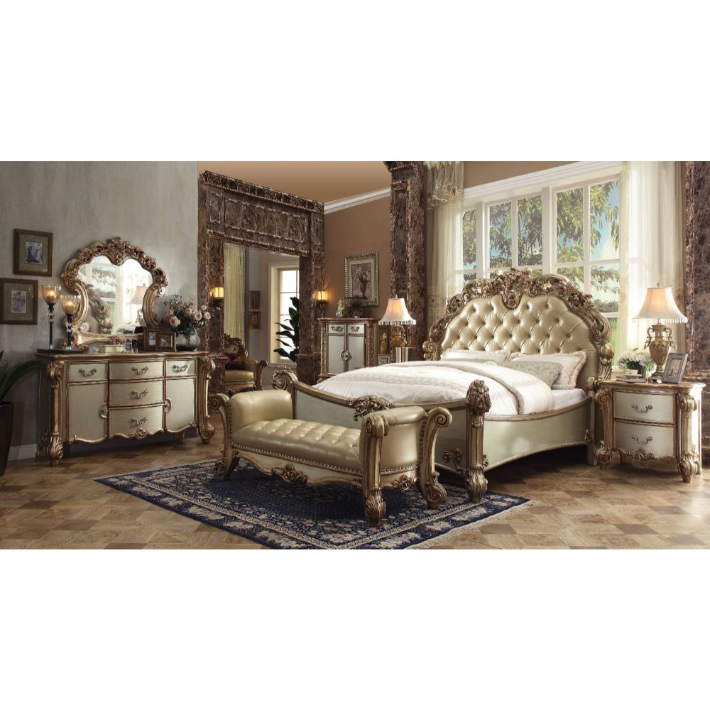 ACME Vendome Brass Synthetic Leather & Gold Patina Cal King Bed Model 22994CK