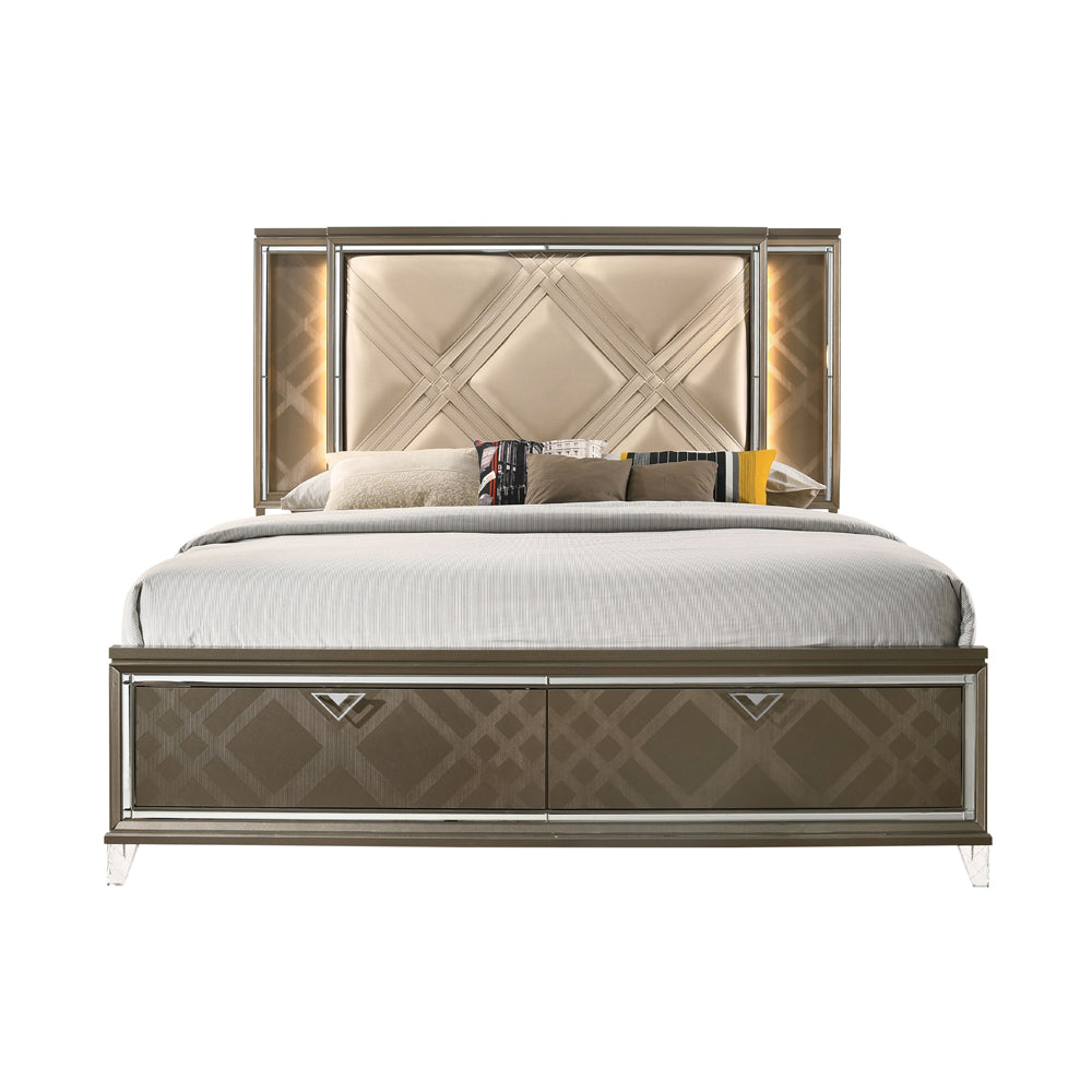 ACME Skylar LED Synthetic Leather & Dark Champagne Eastern King Bed with Storage & LED Model 25317EK