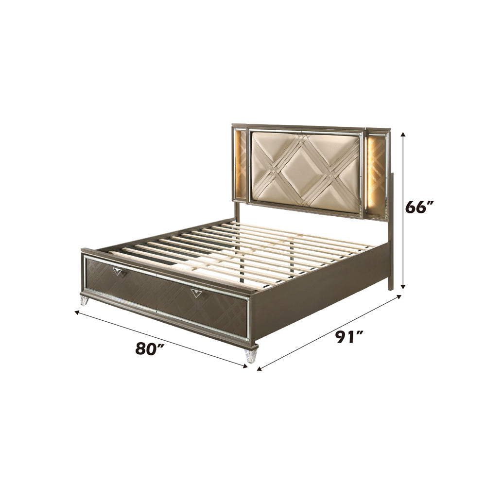 ACME Skylar LED Synthetic Leather & Dark Champagne Eastern King Bed with Storage & LED Model 25317EK