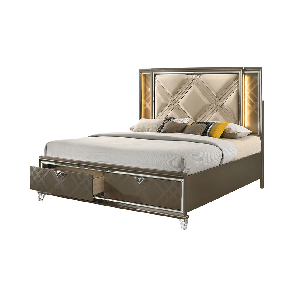 ACME Skylar LED Synthetic Leather & Dark Champagne Queen Bed with Storage & LED Model 25320Q