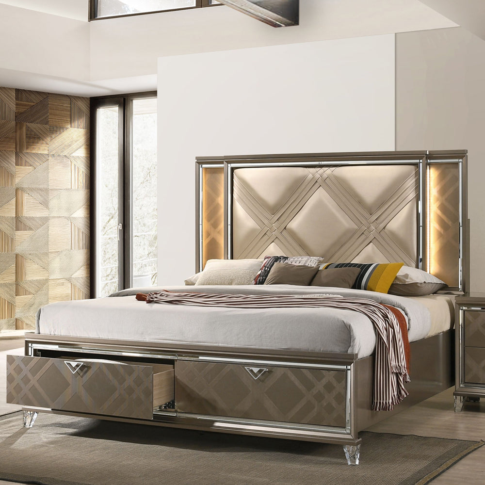 ACME Skylar LED Synthetic Leather & Dark Champagne Queen Bed with Storage & LED Model 25320Q