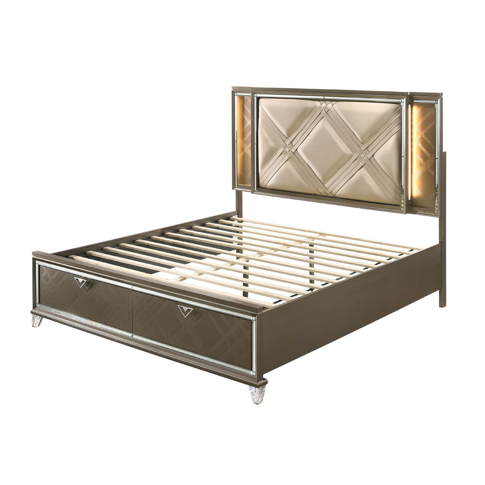 ACME Skylar LED Synthetic Leather & Dark Champagne Queen Bed with Storage & LED Model 25320Q