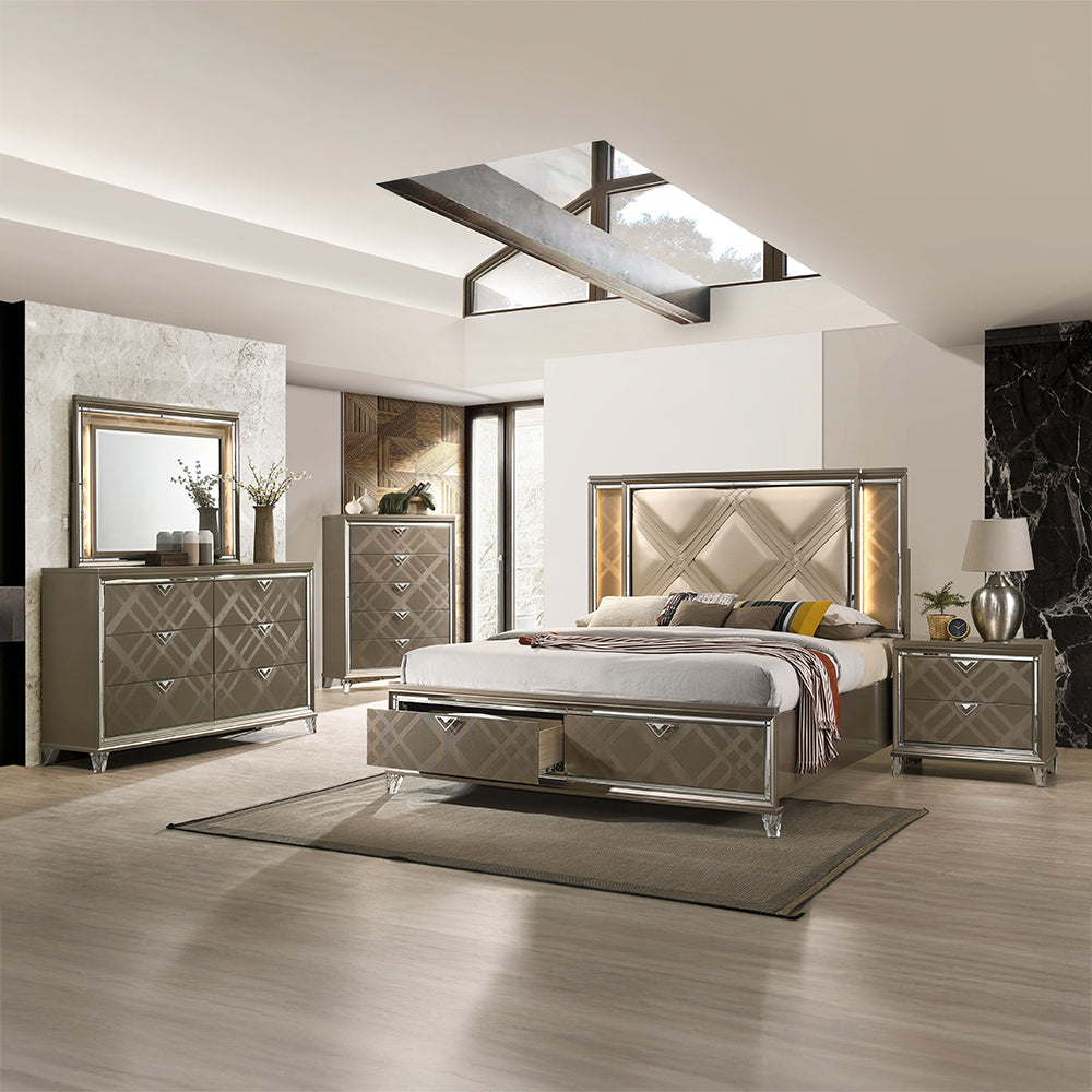 ACME Skylar LED Synthetic Leather & Dark Champagne Queen Bed with Storage & LED Model 25320Q