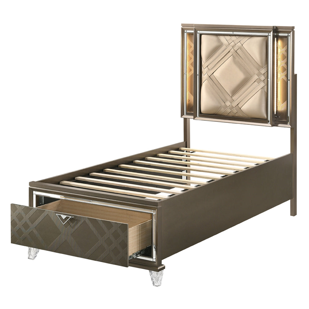ACME Skylar LED Synthetic Leather & Dark Champagne Full Bed with Storage & LED Model 25335F