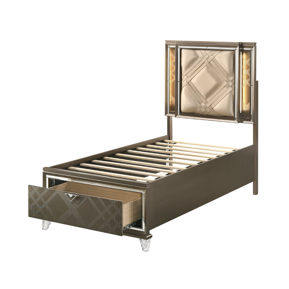 ACME Skylar LED Synthetic Leather & Dark Champagne Twin Bed with Storage & LED Model 25340T
