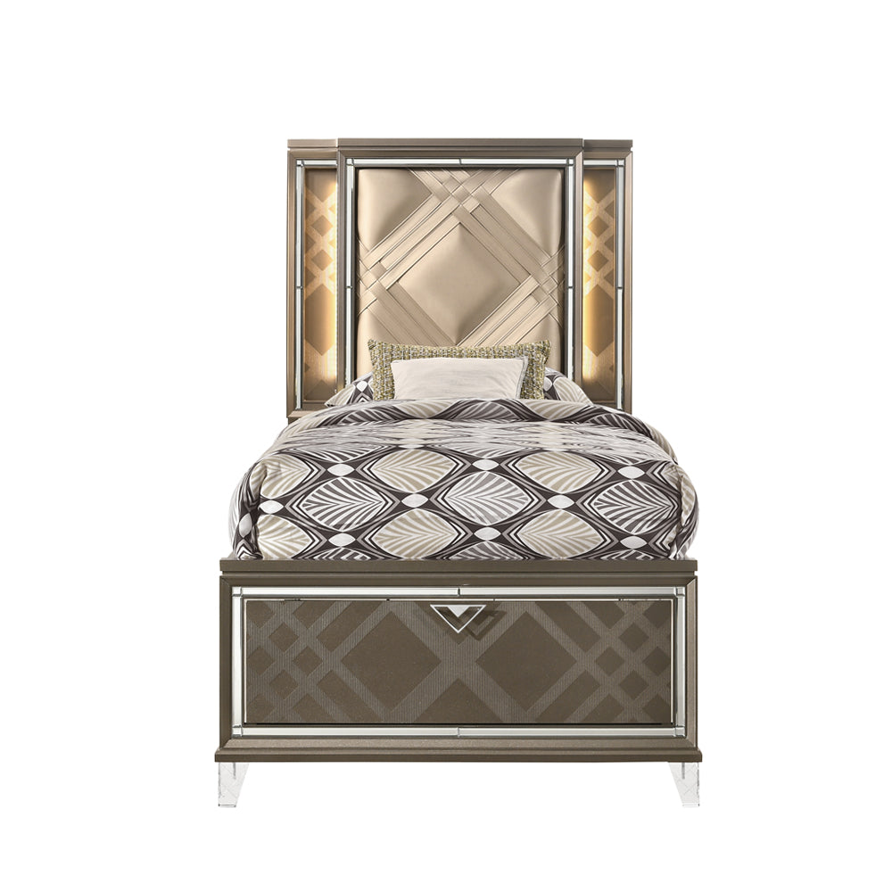 ACME Skylar LED Synthetic Leather & Dark Champagne Twin Bed with Storage & LED Model 25340T