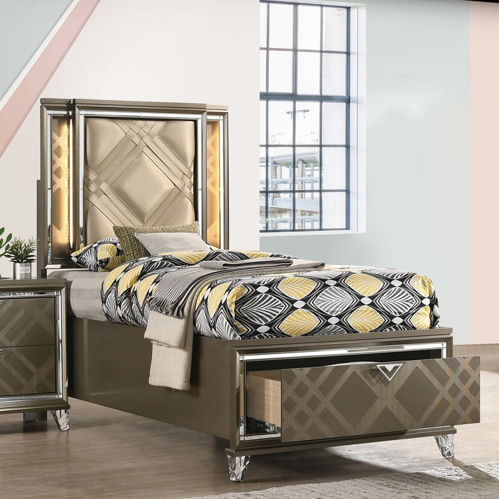 ACME Skylar LED Synthetic Leather & Dark Champagne Twin Bed with Storage & LED Model 25340T