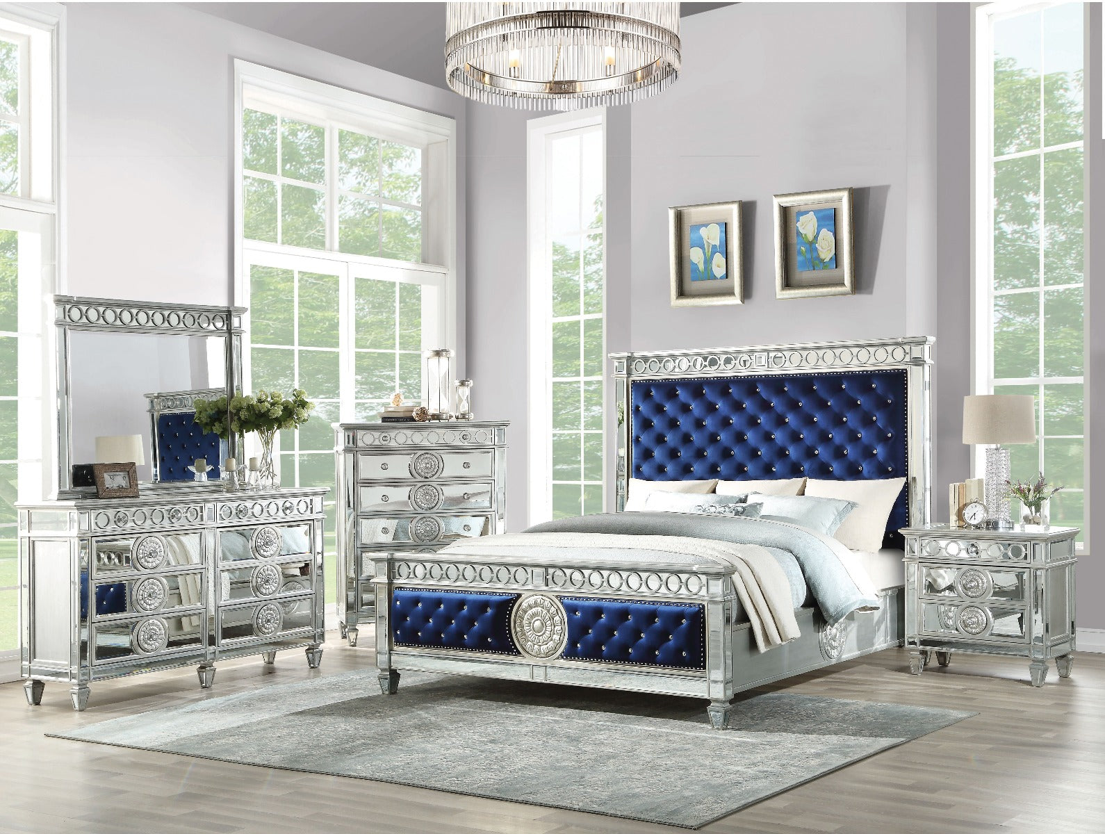 ACME Varian Blue Velvet Mirrored & Sliver Eastern King Bed Model 26147EK
