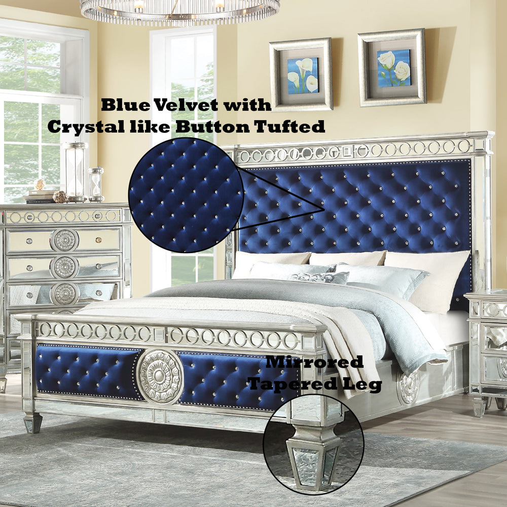 ACME Varian Blue Velvet Mirrored & Sliver Eastern King Bed Model 26147EK