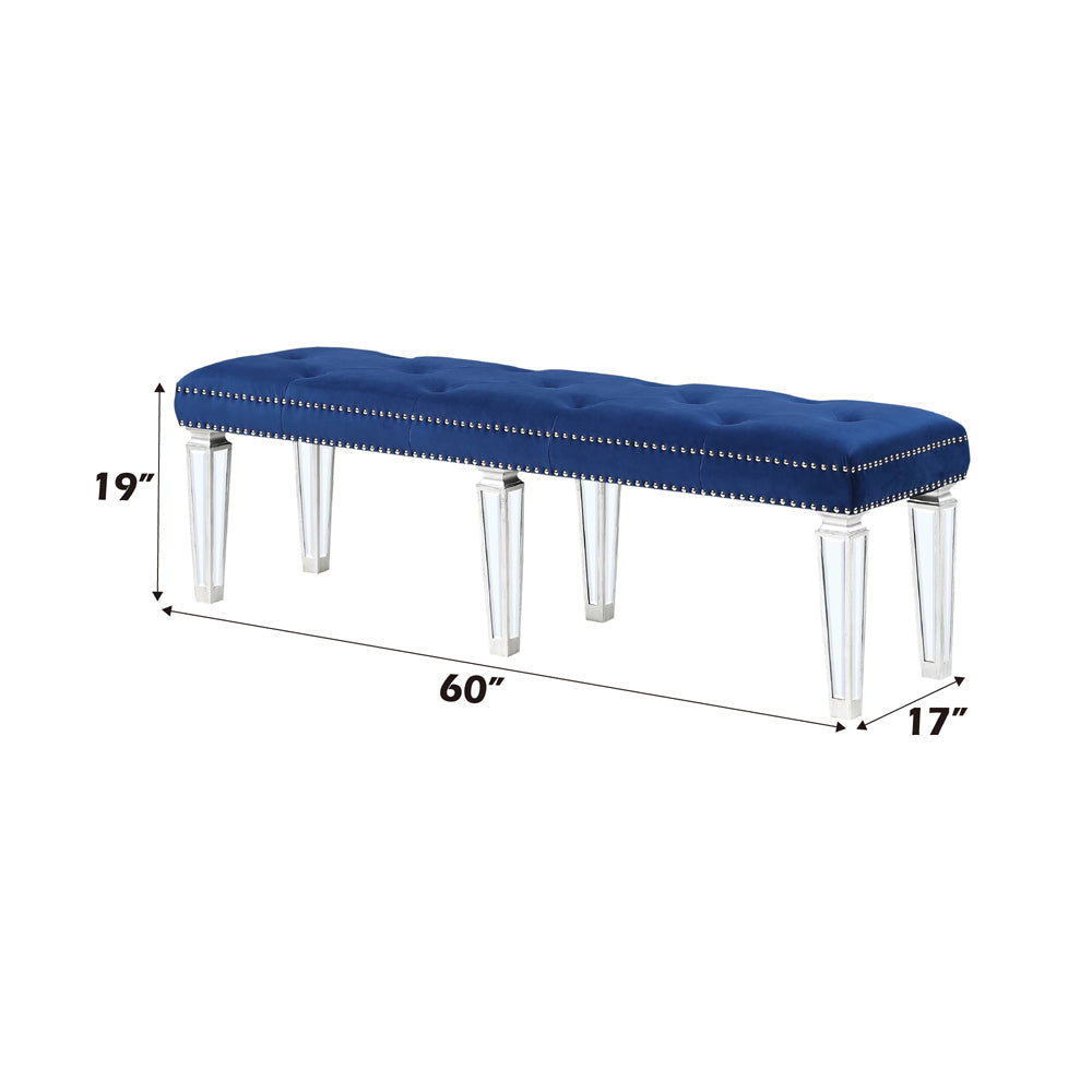 ACME Varian Blue Velvet Mirrored & Sliver Bench Model 26157