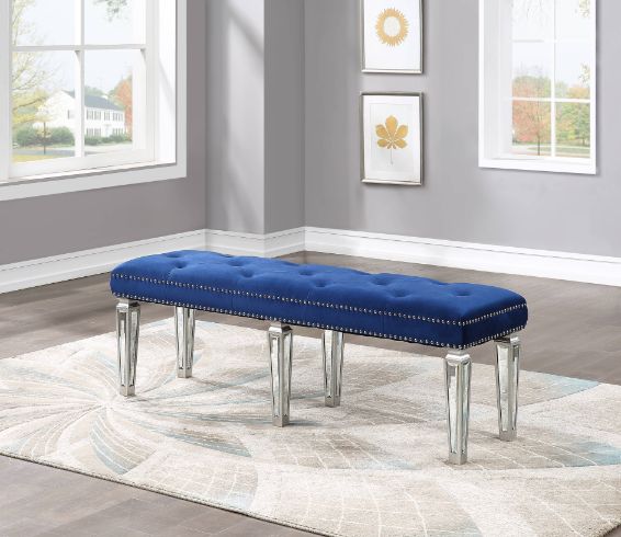 ACME Varian Blue Velvet Mirrored & Sliver Bench Model 26157