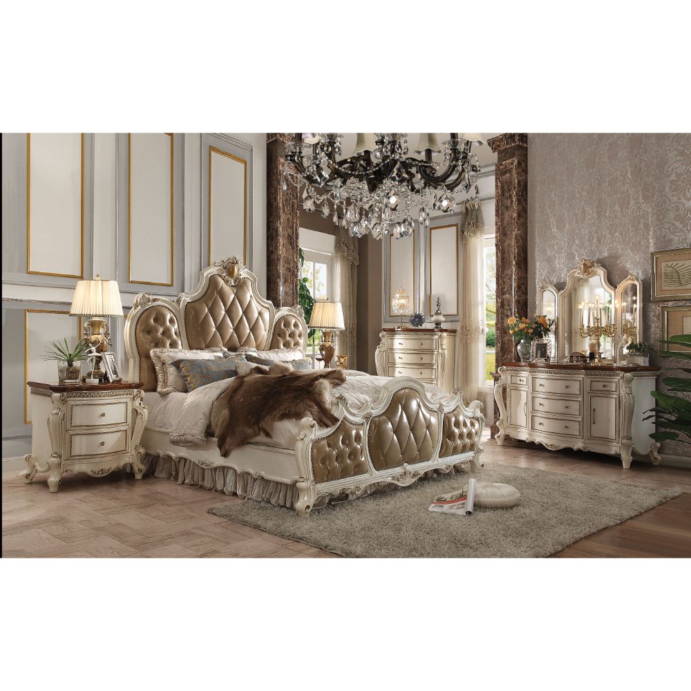 ACME Picardy Butterscotch Synthetic Leather & Antique Pearl California King Bed Model 26894CK