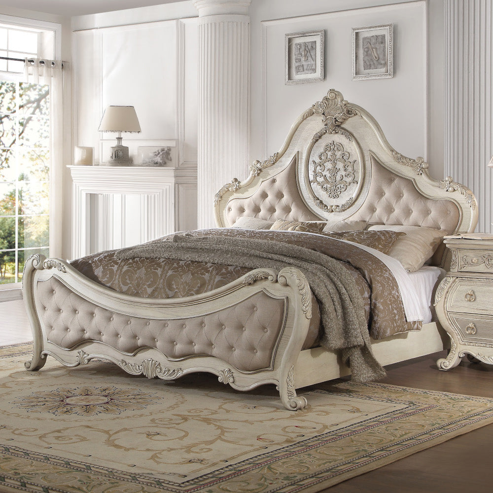 ACME Ragenardus Beige Linen & Antique White Queen Bed Model 27010Q