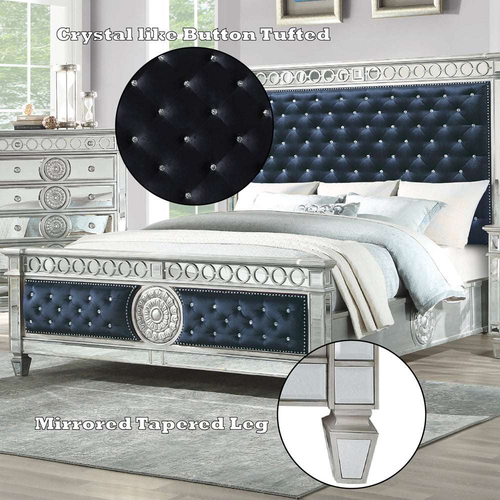 ACME Varian Dark Navy Velvet & Mirrored Queen Bed Model 27350Q