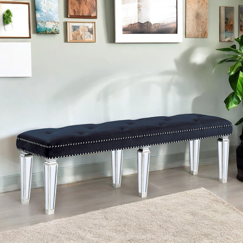 ACME Varian Dark Navy Velvet & Mirrored Bench Model 27357