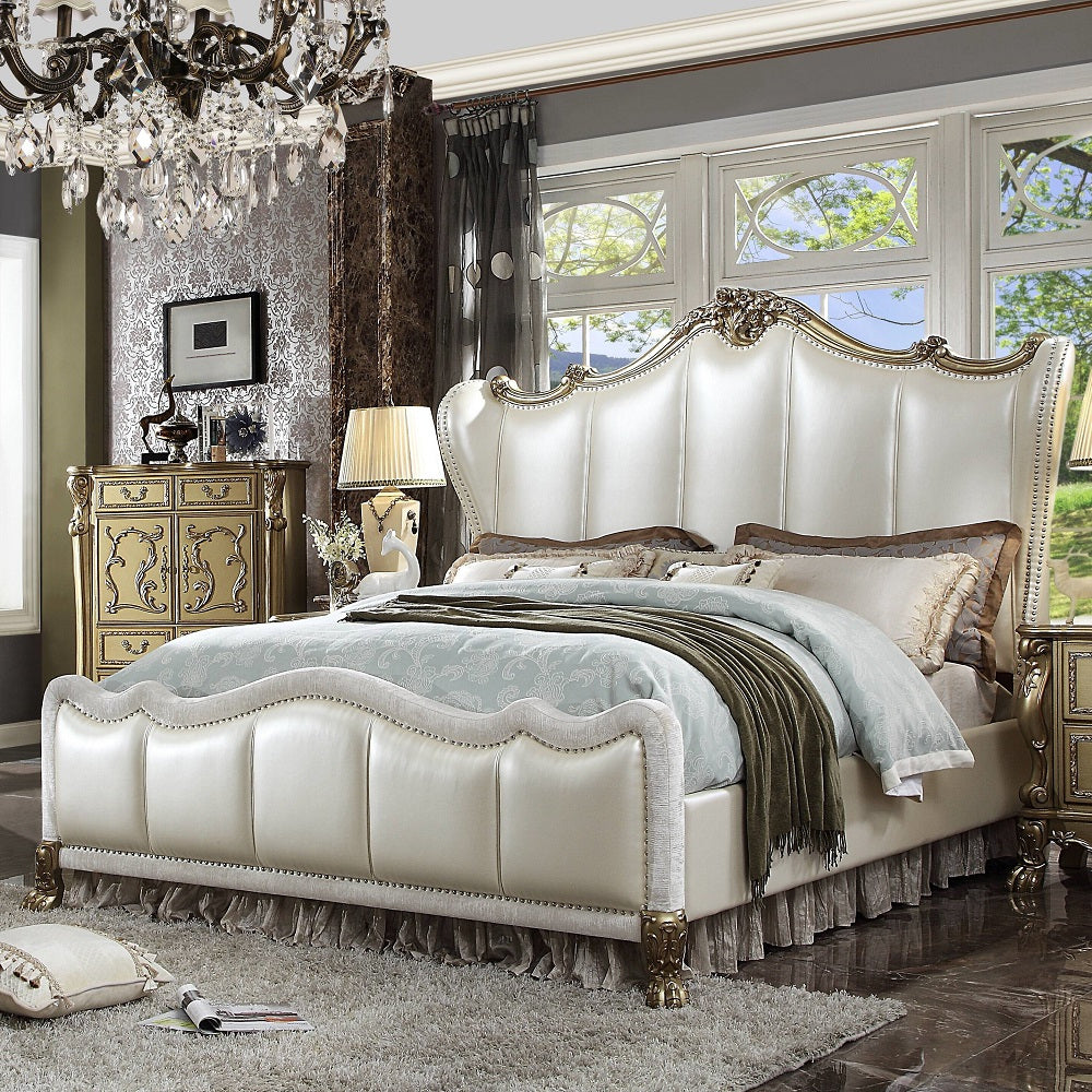 ACME Dresden II Pearl White Synthetic Leather & Gold Patina California King Bed Model 27814CK