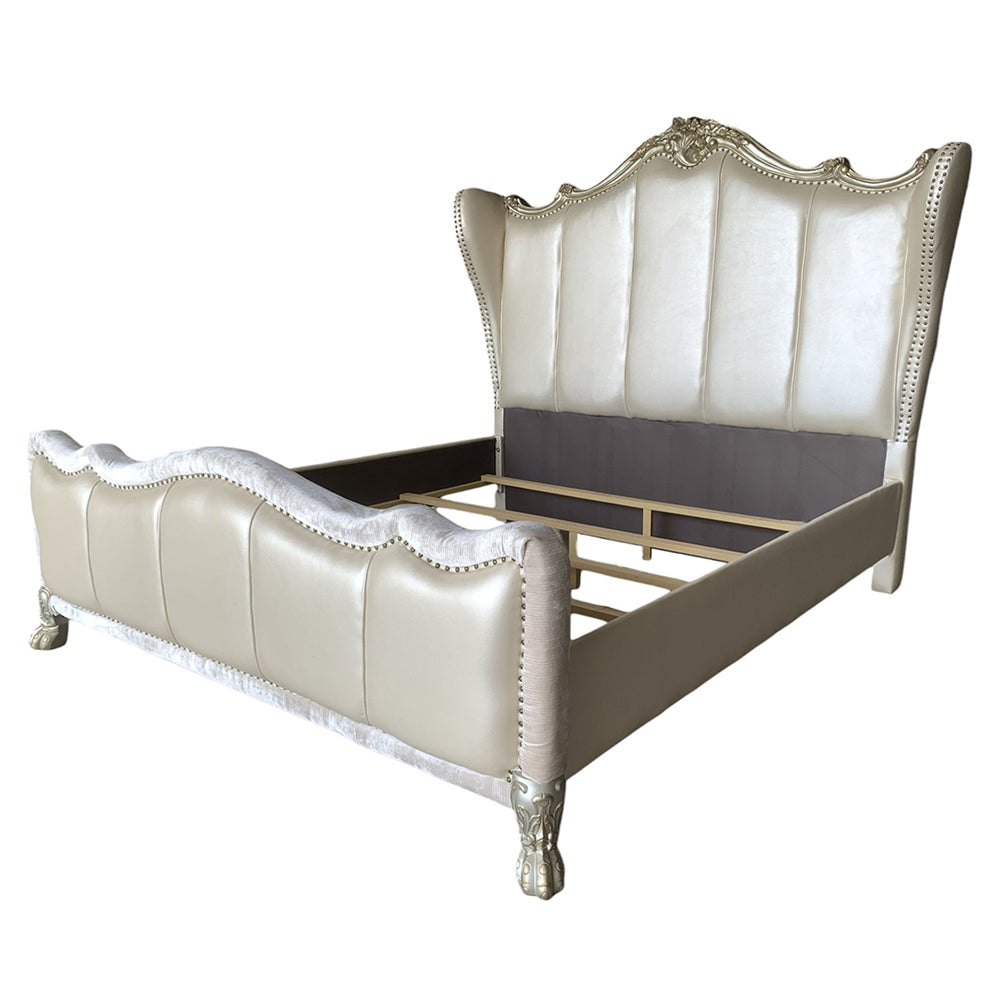 ACME Dresden II Pearl White Synthetic Leather & Gold Patina California King Bed Model 27814CK