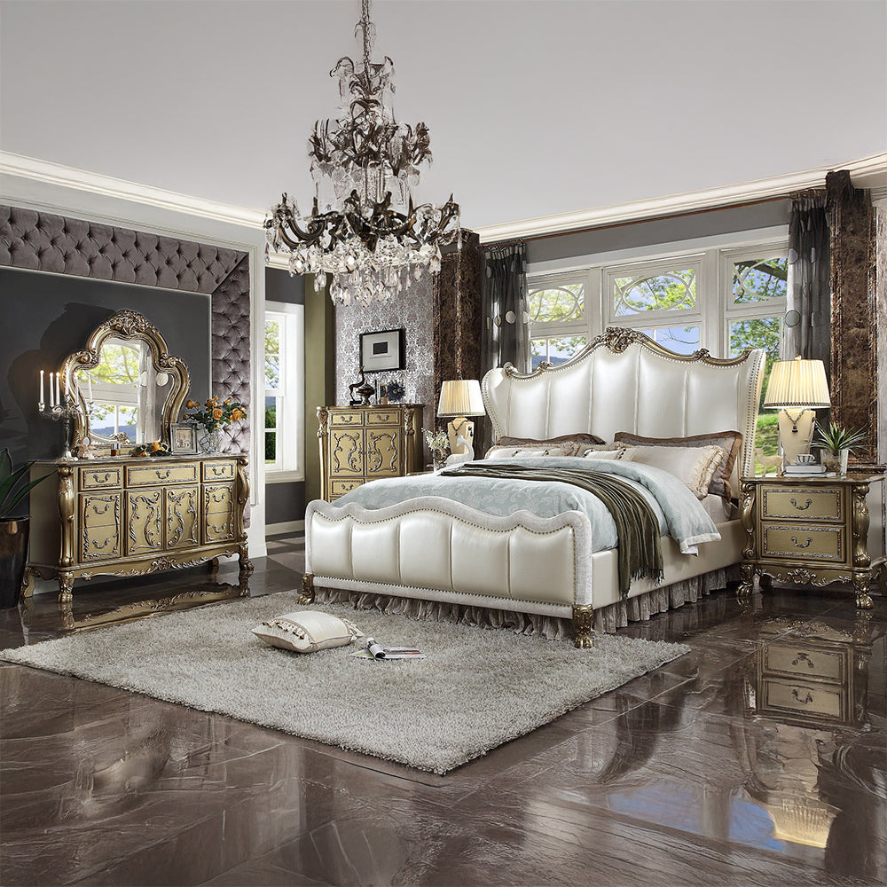 ACME Dresden II Pearl White Synthetic Leather & Gold Patina California King Bed Model 27814CK