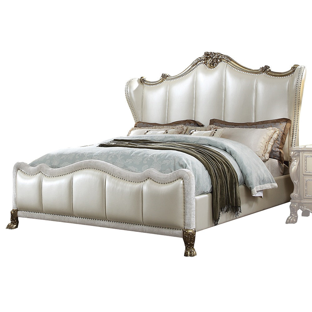 ACME Dresden II Pearl White Synthetic Leather & Gold Patina Eastern King Bed Model 27817EK