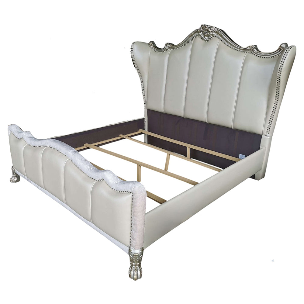 ACME Dresden II Pearl White Synthetic Leather & Gold Patina Eastern King Bed Model 27817EK