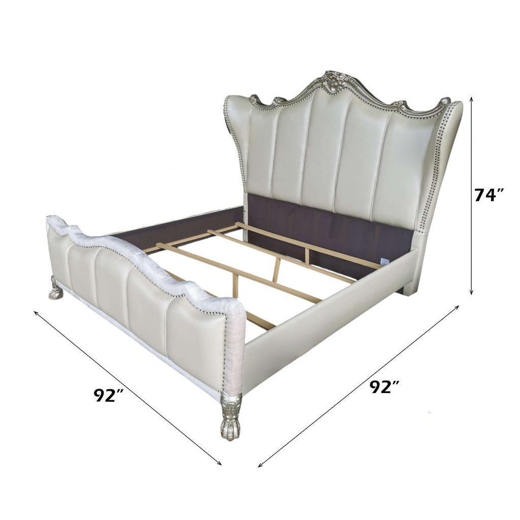 ACME Dresden II Pearl White Synthetic Leather & Gold Patina Eastern King Bed Model 27817EK