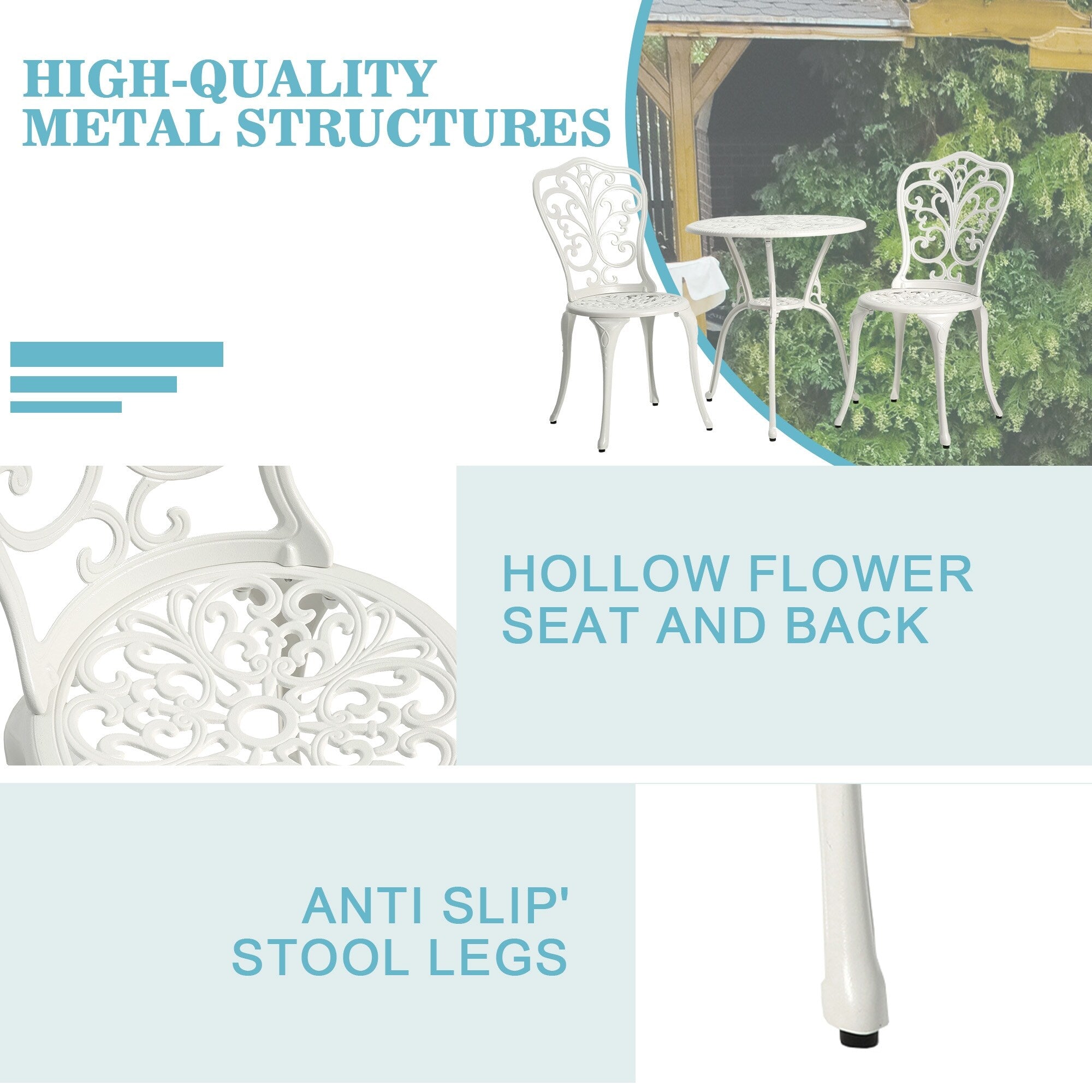 Ensemble table et chaises papillon d'extérieur en aluminium 3 pièces avec trou pour parasol