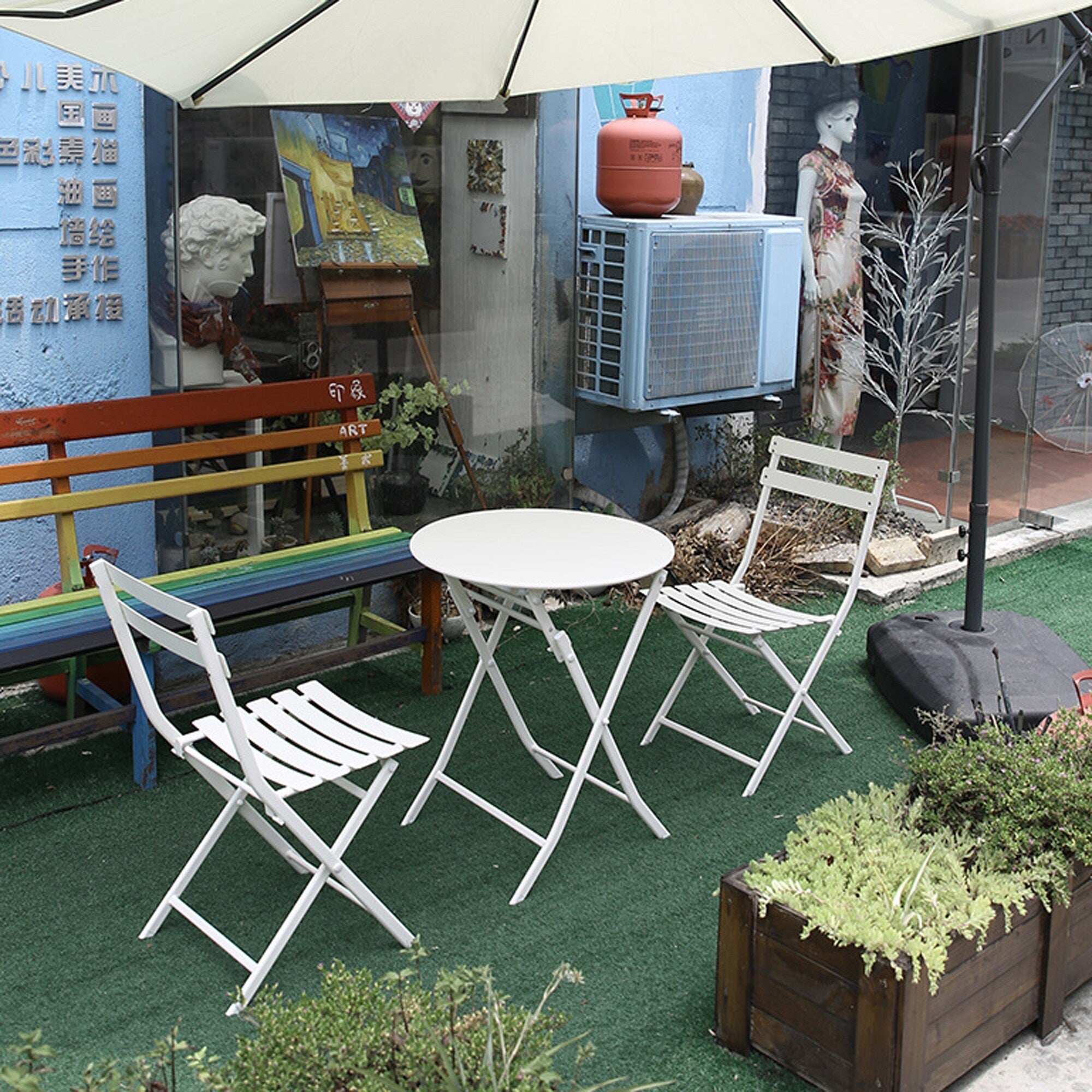 Ensemble bistro minimaliste 3 pièces pour patio : table ronde pliable et chaises