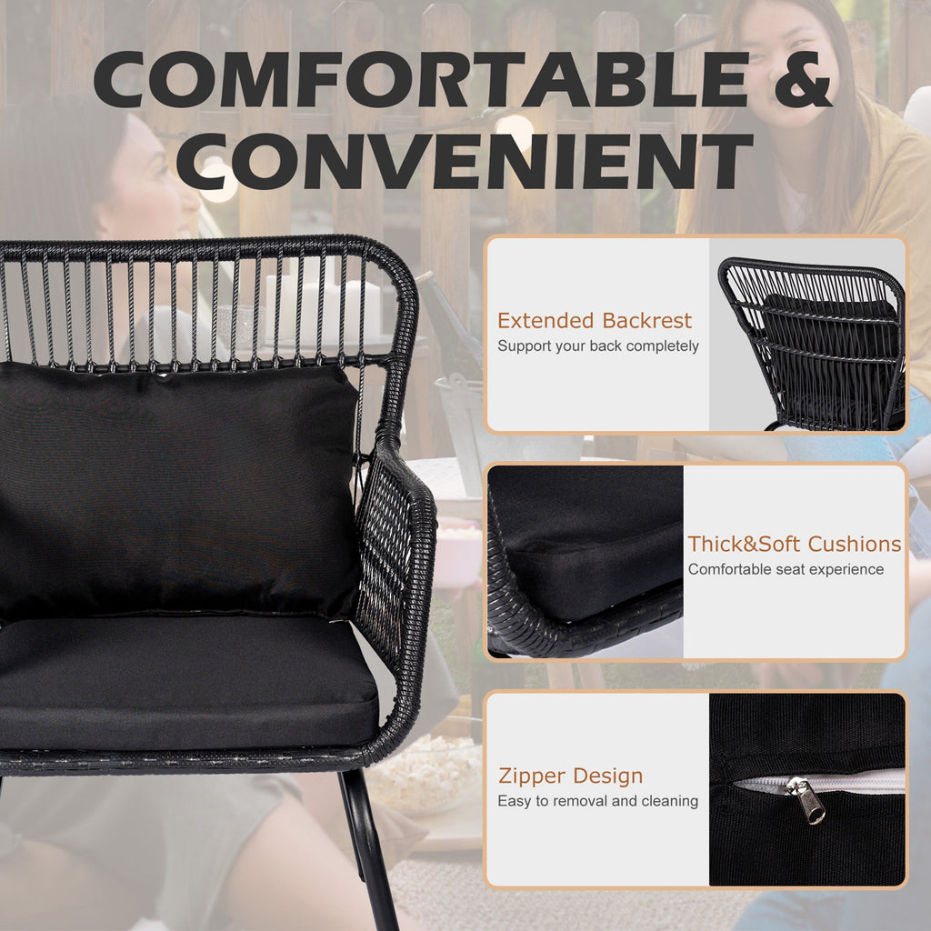 Ensemble bistro de conversation en résine tressée 3 pièces pour extérieur, mobilier de patio en rotin résistant aux intempéries avec coussins