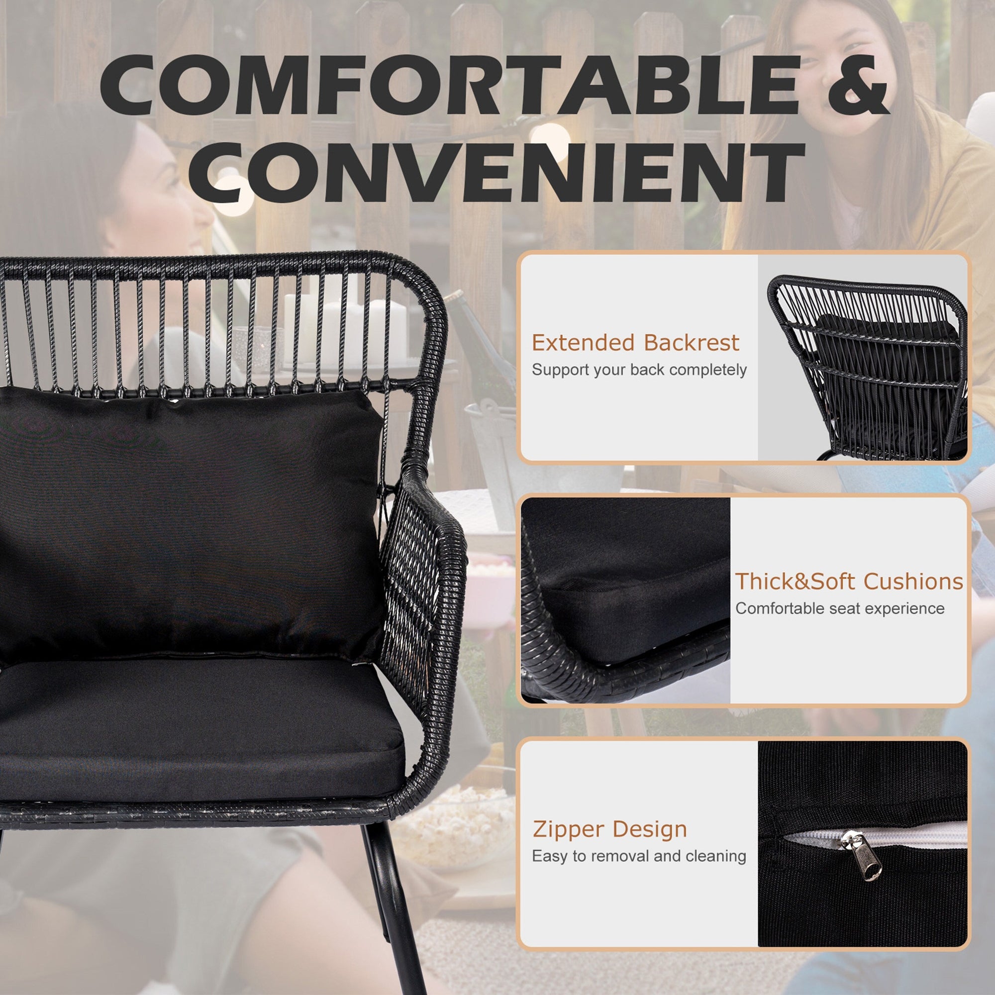 Ensemble bistro de conversation en résine tressée 3 pièces pour extérieur, mobilier de patio en rotin résistant aux intempéries avec coussins