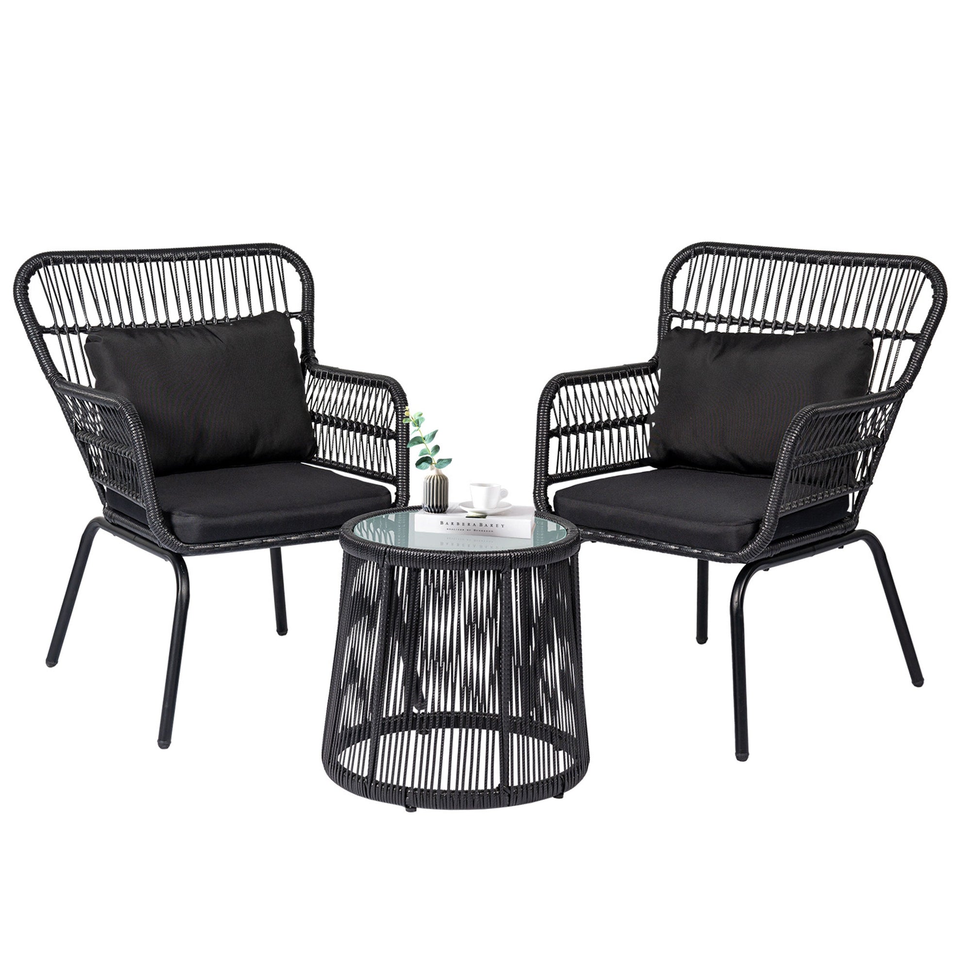 Ensemble bistro de conversation en résine tressée 3 pièces pour extérieur, mobilier de patio en rotin résistant aux intempéries avec coussins