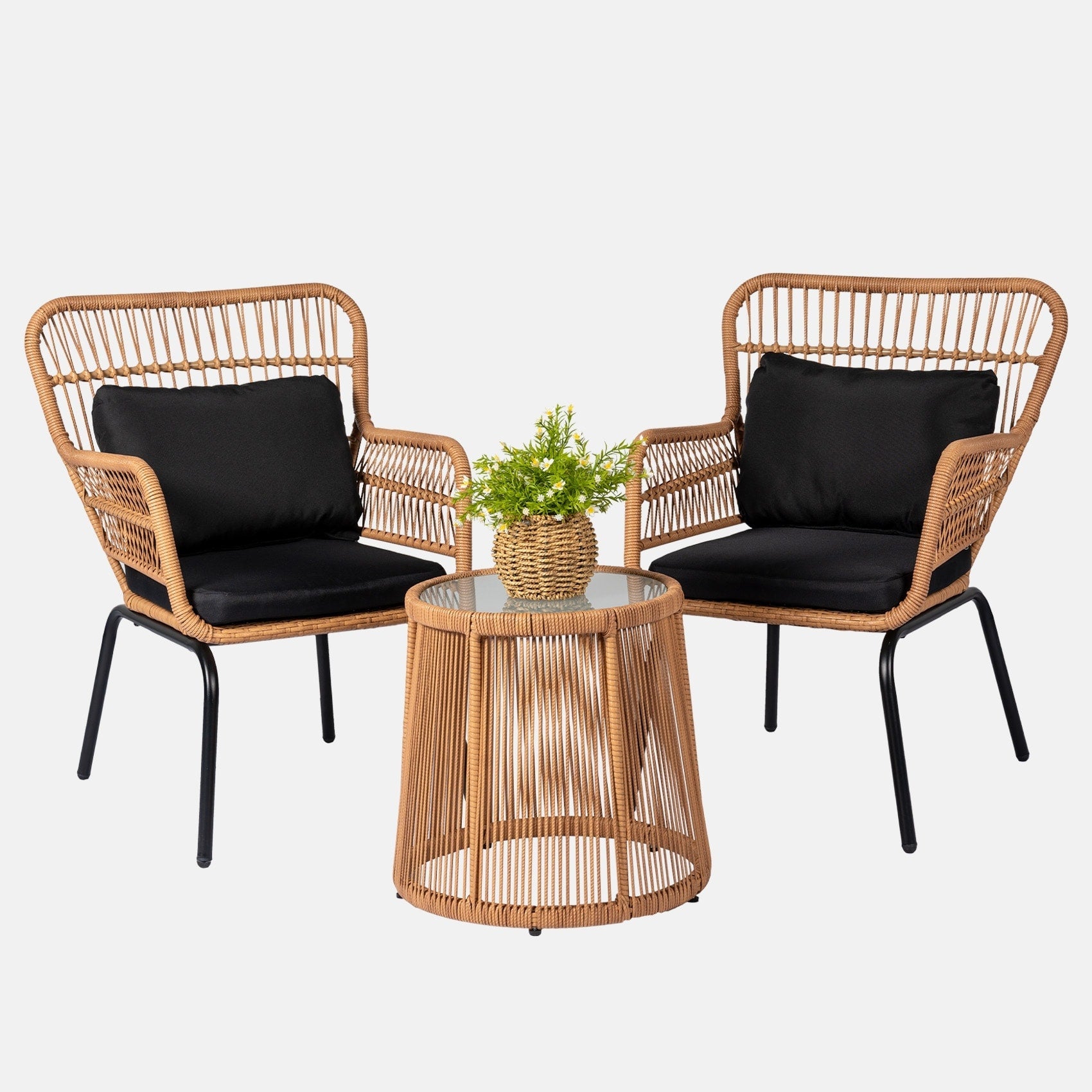 Ensemble bistro de conversation en résine tressée 3 pièces pour extérieur, mobilier de patio en rotin résistant aux intempéries avec coussins