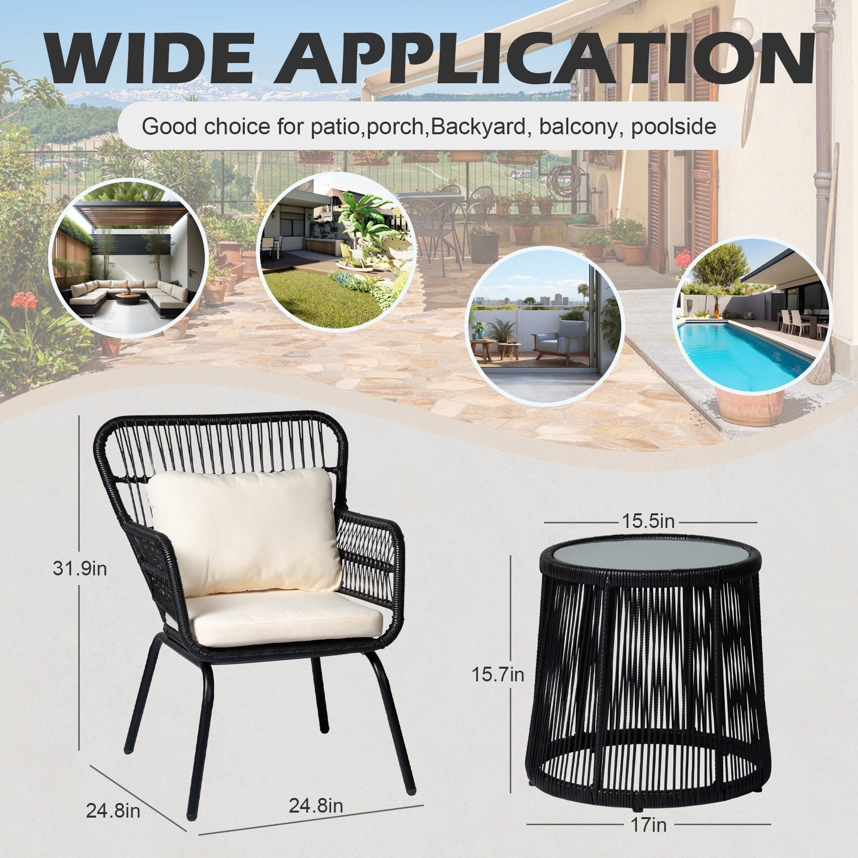 Ensemble bistro de conversation en résine tressée 3 pièces pour extérieur, mobilier de patio en rotin résistant aux intempéries avec coussins