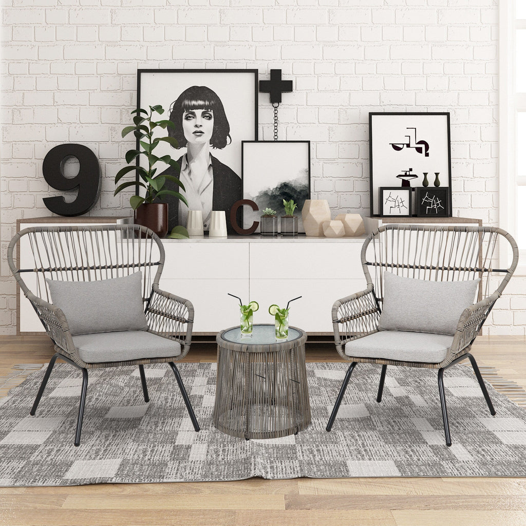 Ensemble bistro de conversation en résine tressée 3 pièces pour extérieur, mobilier de patio en rotin résistant aux intempéries avec coussins