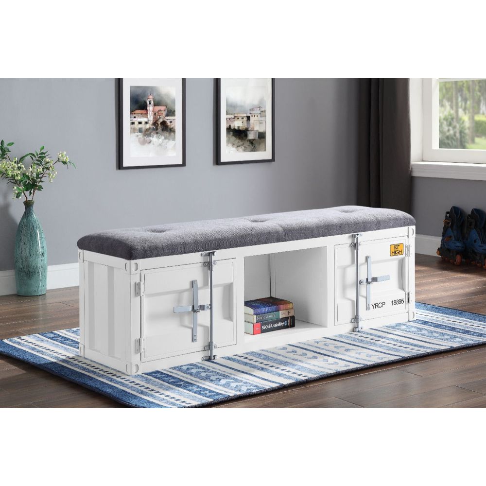 ACME Cargo Gray Fabric & White Bench with Storage Model 35912