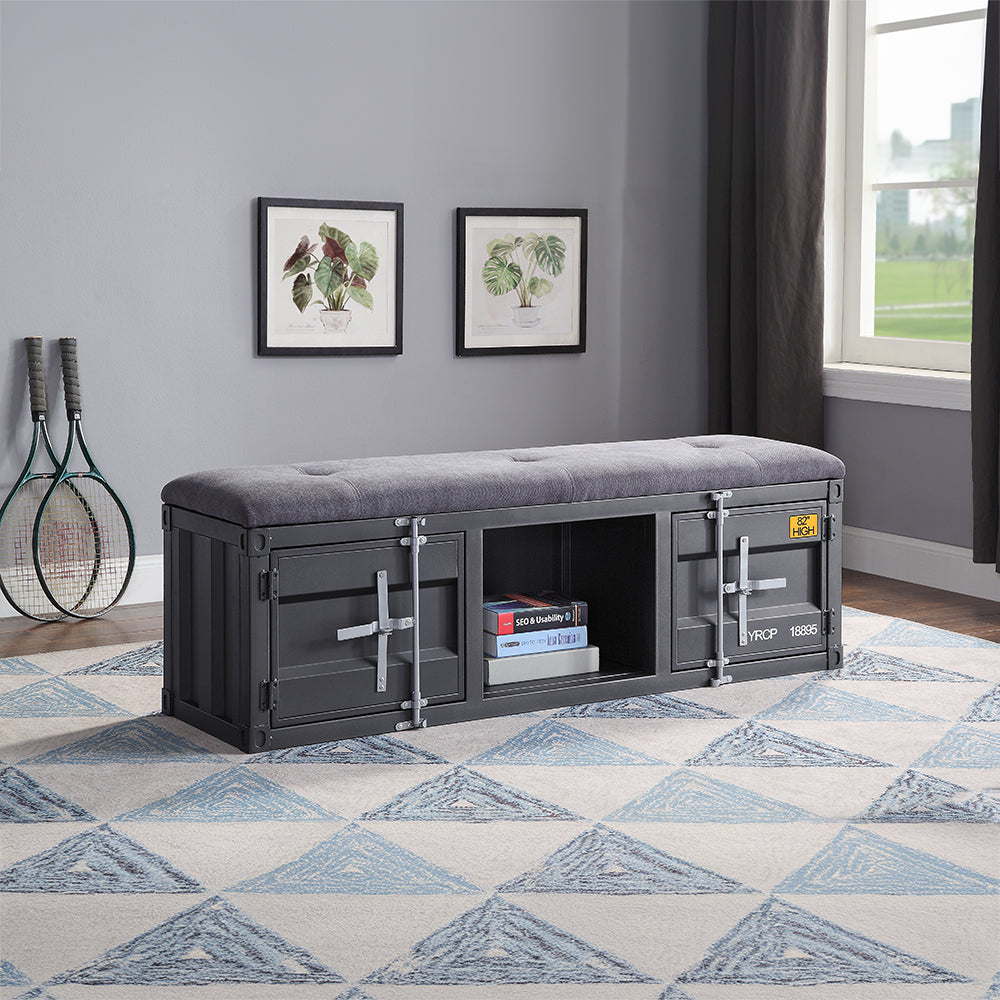 ACME Cargo Gray Fabric & Gunmetal Bench with Storage Model 35927