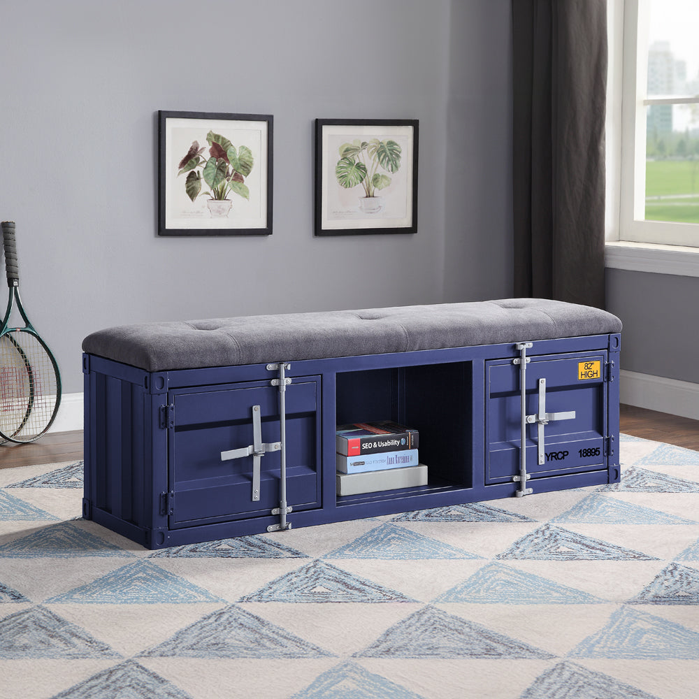 ACME Cargo Gray Fabric & Blue Bench with Storage Model 35942