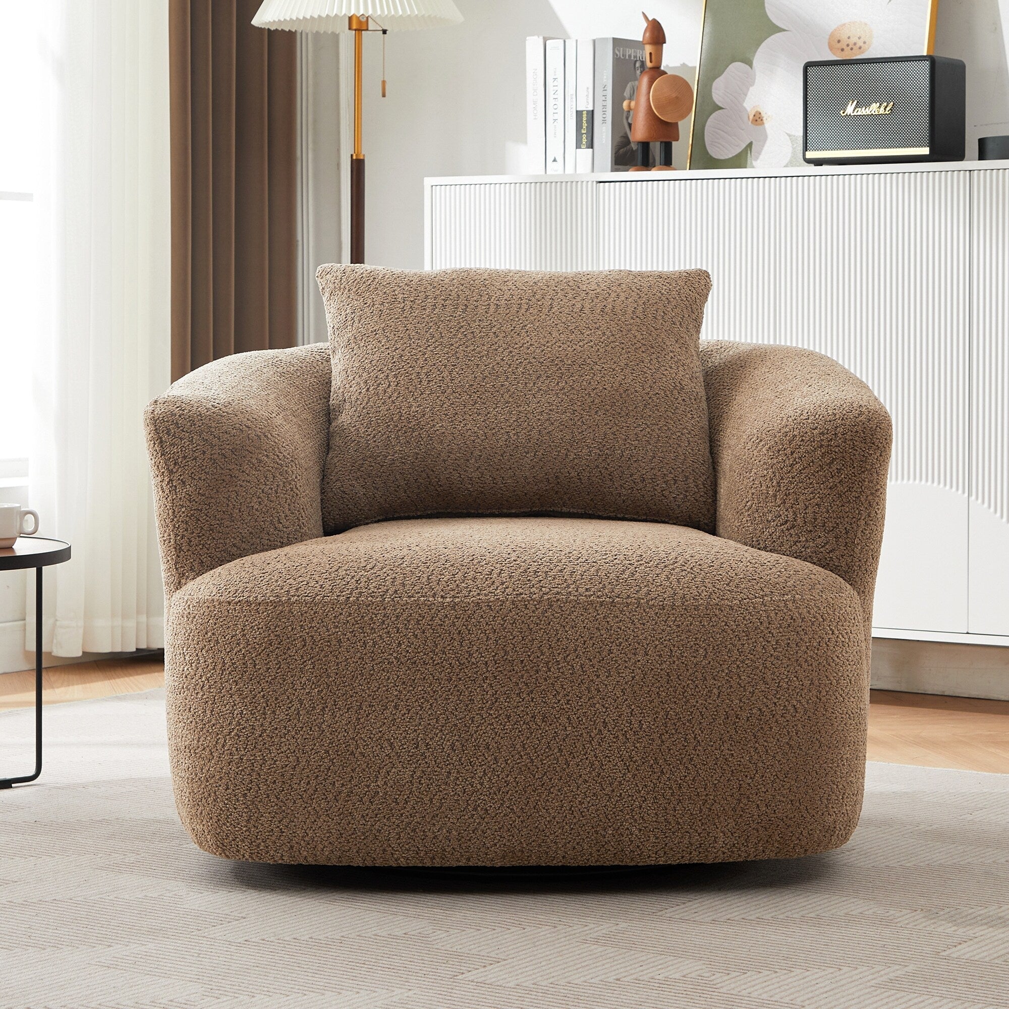 Fauteuil pivotant à 360°, fauteuil d'appoint en bouclette de 38,2 cm avec coussin décoratif, fauteuil-canapé rembourré de forme cylindrique avec accoudoirs incurvés