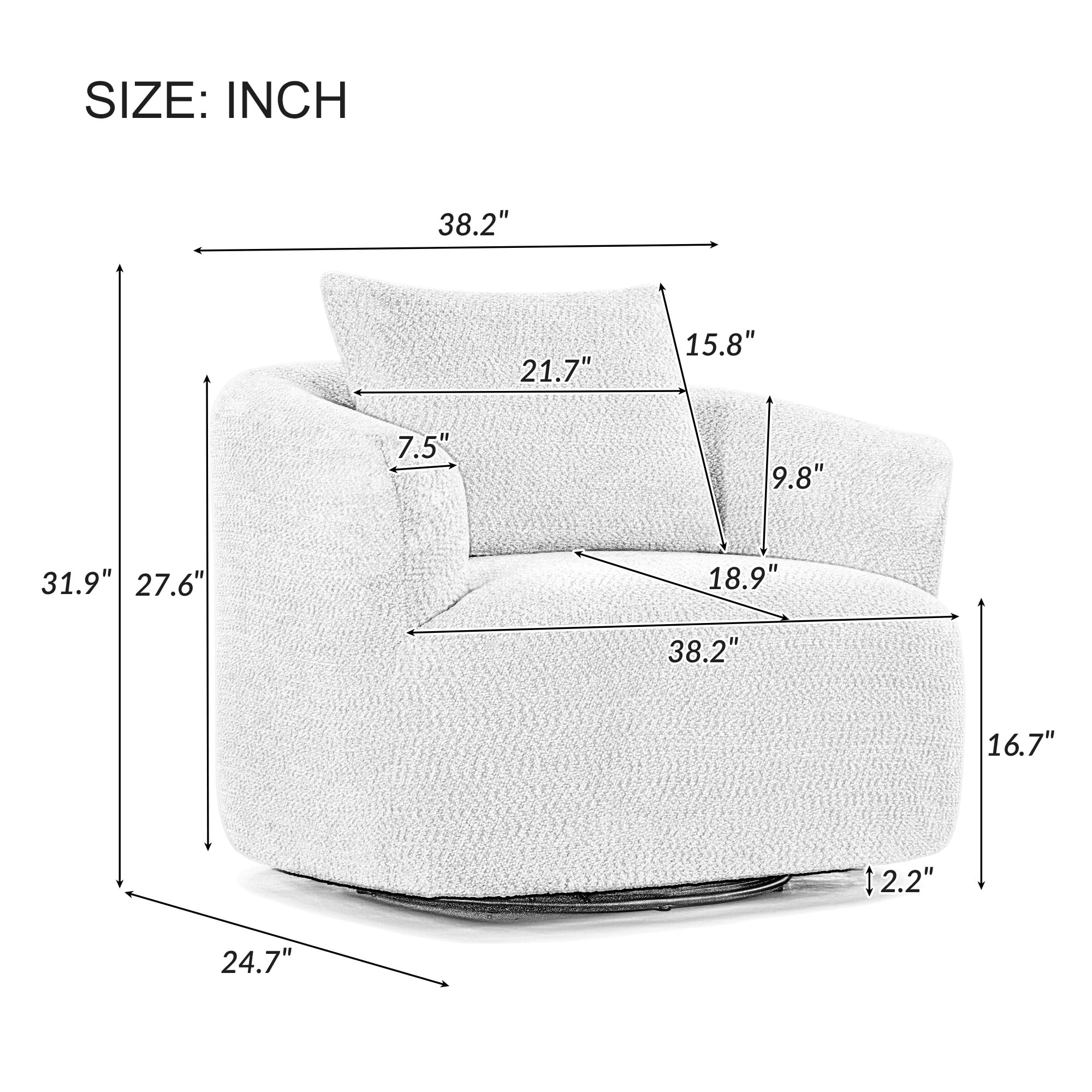 Fauteuil pivotant à 360°, fauteuil d'appoint en bouclette de 38,2 cm avec coussin décoratif, fauteuil-canapé rembourré de forme cylindrique avec accoudoirs incurvés