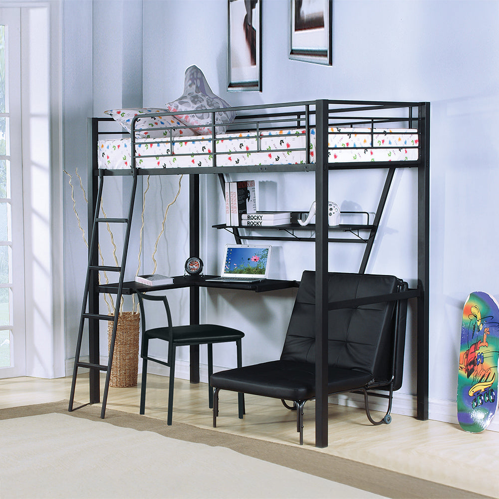 ACME Senon Silver & Black Twin Loft Bed with Desk Model 37275