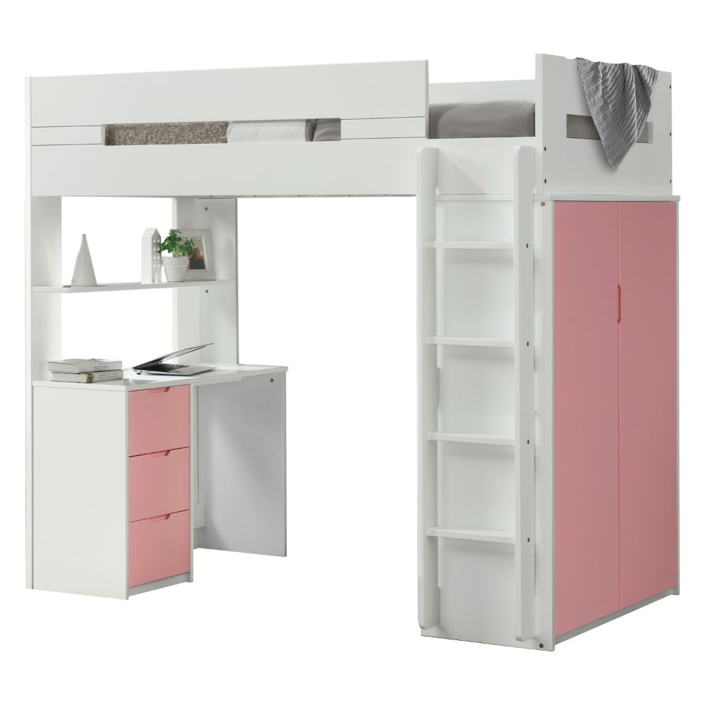 ACME Nerice White & Pink Twin Loft Bed with Desk & Wardrobe Model 38040