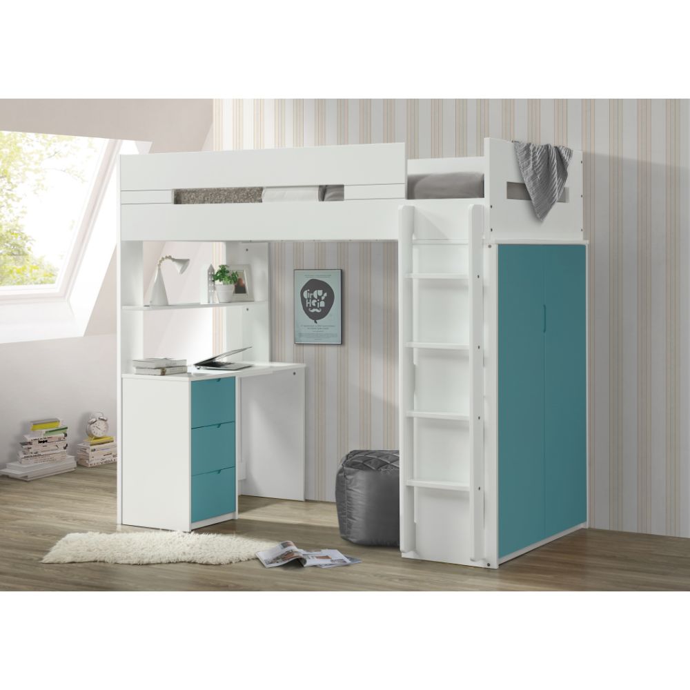 ACME Nerice White & Teal Twin Loft Bed with Desk & Wardrobe Model 38045
