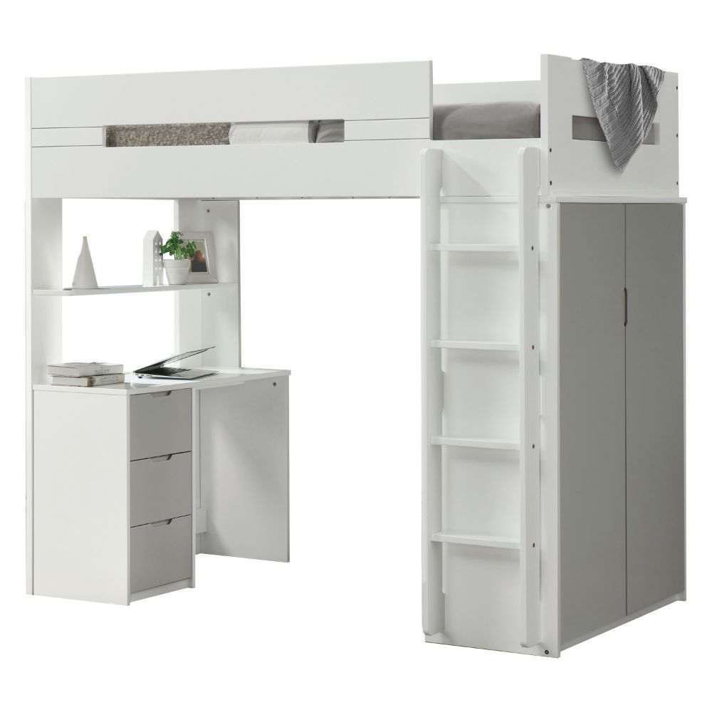 ACME Nerice White & Gray Twin Loft Bed with Desk & Wardrobe Model 38050