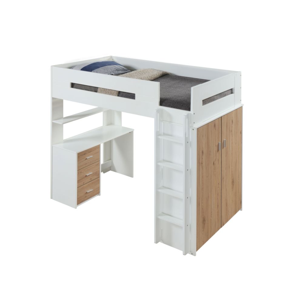 ACME Nerice White & Oak Twin Loft Bed with Desk & Wardrobe Model 38055