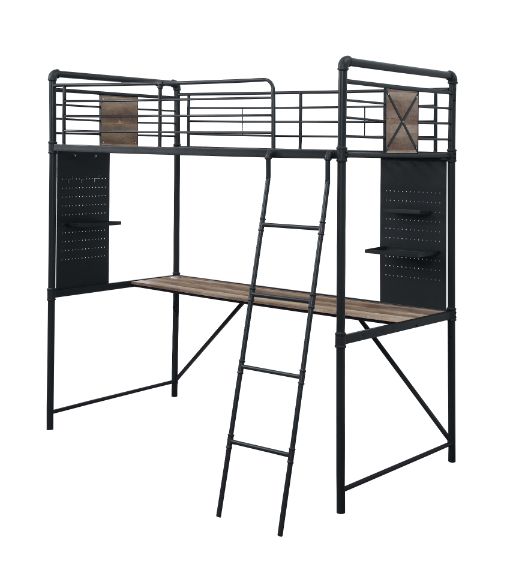 ACME Cordelia Antique Oak Sandy Black & Dark Bronze  Hand Brushed  Twin Loft Bed with Desk Model 38310