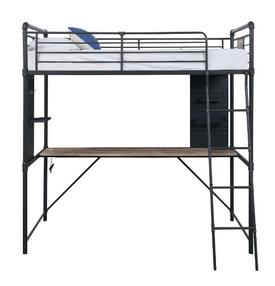 ACME Cordelia Antique Oak Sandy Black & Dark Bronze  Hand Brushed  Twin Loft Bed with Desk Model 38310