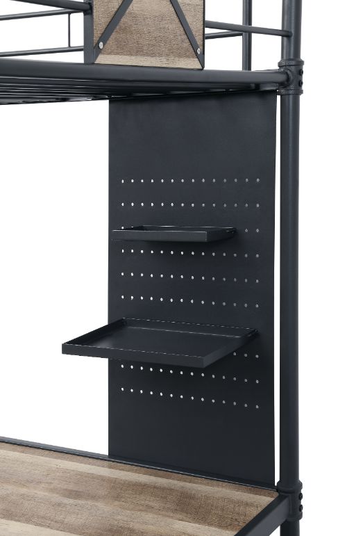 ACME Cordelia Antique Oak Sandy Black & Dark Bronze  Hand Brushed  Twin Loft Bed with Desk Model 38310