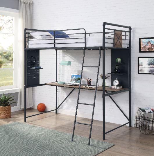 ACME Cordelia Antique Oak Sandy Black & Dark Bronze  Hand Brushed  Twin Loft Bed with Desk Model 38310