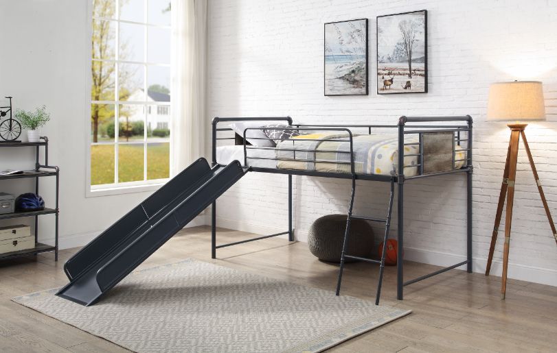 ACME Cordelia Antique Oak Sandy Black & Dark Bronze  Hand Brushed  Twin Loft Bed with Slide Model 38315