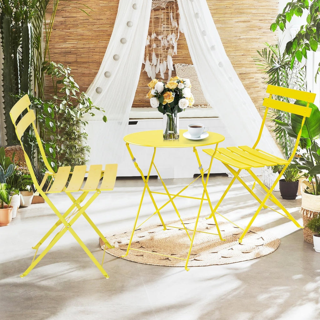 Ensemble bistro pliable en métal 3 pièces, résistant aux intempéries, idéal pour l'intérieur et l'extérieur, avec terrasse, jardin ou cour.
