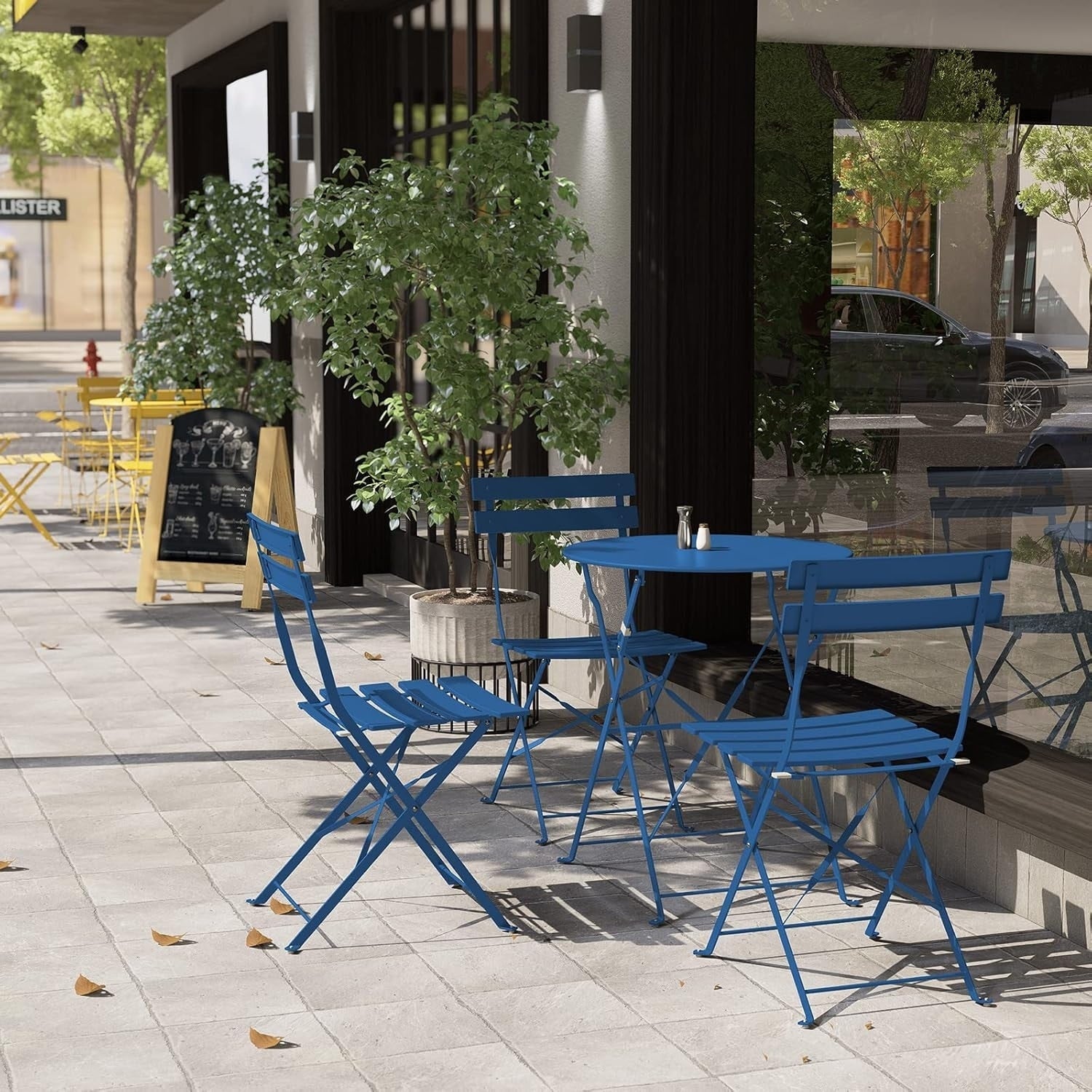 Ensemble bistro pliable en métal 3 pièces, résistant aux intempéries, idéal pour l'intérieur et l'extérieur, avec terrasse, jardin ou cour.